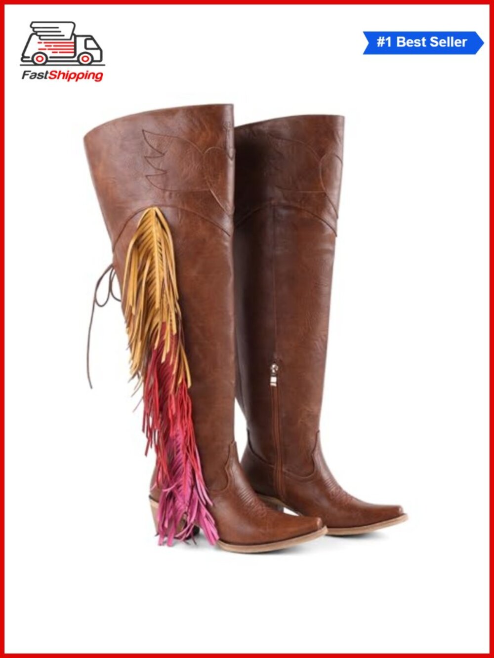 ✨ FancyQueen Women's Over the Knee Cowboy Boots Faux Leather Fringe Block Heel